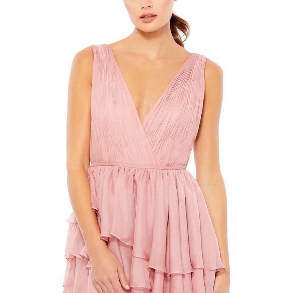 MAC DUGGAL size 4 Rose Pink Tiered Ruffle Chiffon High/Low Gown Dress $398 FLAWS - Picture 3 of 13